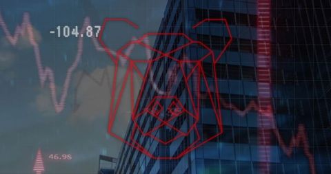 Red geometric bear graphic overlaying glass skyscraper with declining stock charts