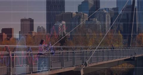 City Commuter Crossing Bridge with Financial Graphs and Urban Skyline