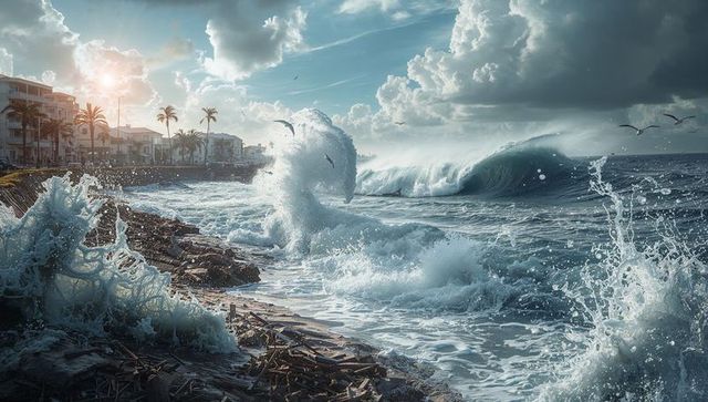 Dramatic coastal scene with waves crashing on rocky shore at sunset