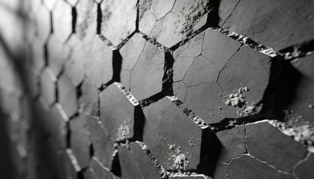 Revealing cracked hexagonal earth with powdery deposits under low-angle light, macro texture