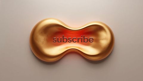 Glowing gold subscribe button shaping double-lobed metallic emblem on beige background