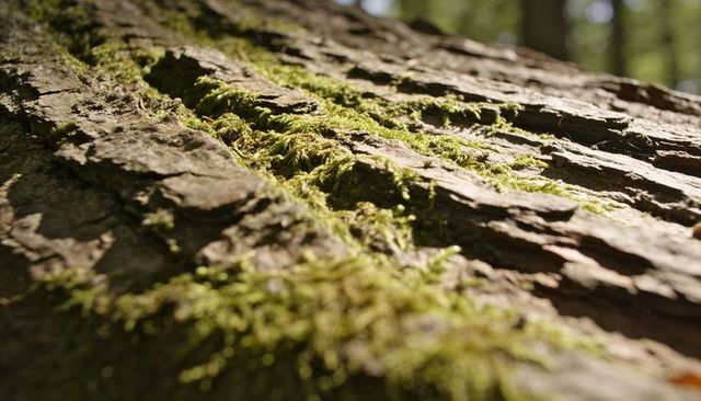 Sunlit moss growing in bark crevices on tree trunk close-up natural texture background