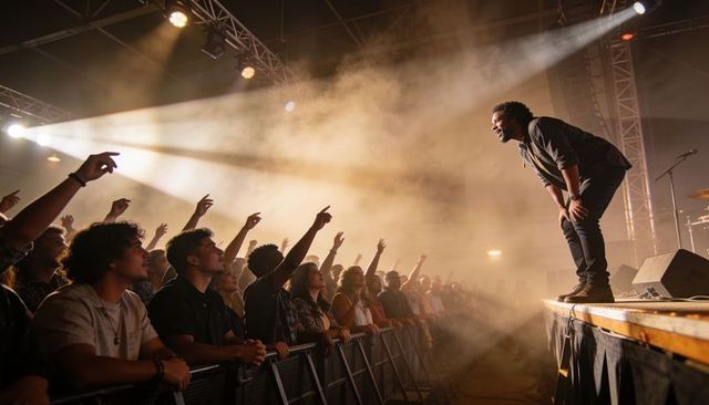 Male singer leaning forward engaging crowd under dramatic stage lights and haze