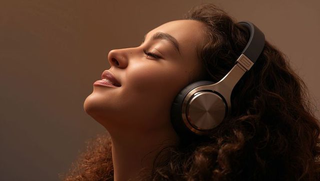 Woman listening to music on silver-black headphones, eyes closed, serene curly profile