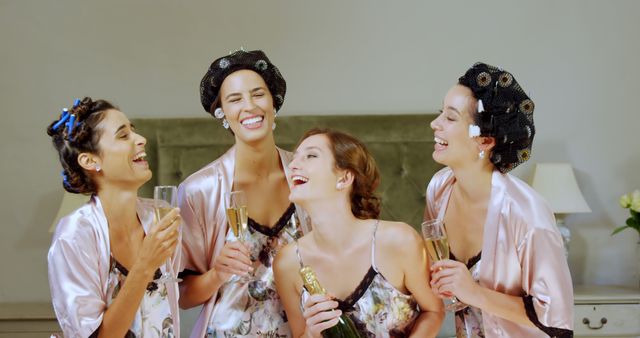 Women Celebrating with Champagne During Bridal Prep - Download Free Stock Images Pikwizard.com