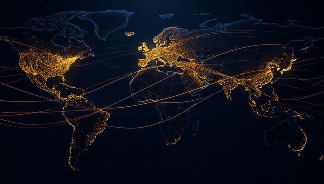 Global Connectivity Network Mapping Glowing Flight Routes and City Lights Over World Map