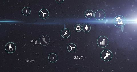 Futuristic sustainability dashboard floating in starfield with renewable energy icons