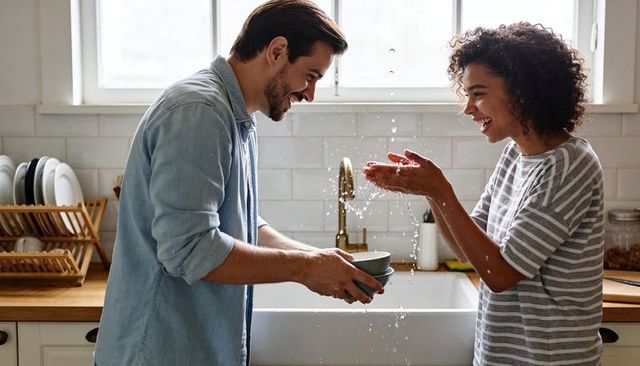 Playful couple washing dishes together at farmhouse sink sharing laughter and teamwork
