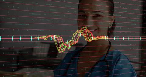 Clinician Wearing Scrubs and Stethoscope Analyzing Market Data Visualization Overlay