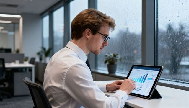 Businessman analyzing tablet dashboards by rainy office window for corporate analytics