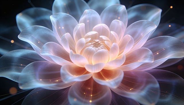 Luminescent glass lotus bloom radiating warm core light with translucent filament veins
