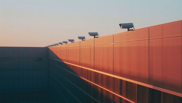 Line of surveillance cameras on modern rooftop during sunset
