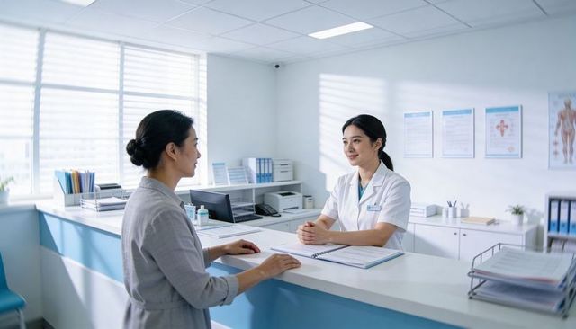 Clinic receptionist consulting patient at bright modern front desk, minimalist look