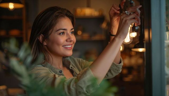 Smiling woman adjusting pendant light in cozy cafe interior with warm ambient lighting