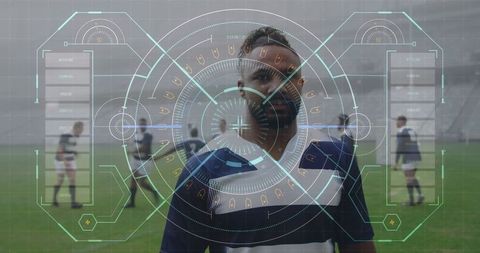 Digital Security Interface Overlay on Rugby Stadium