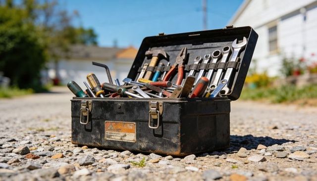 Weathered metal toolbox holding wrenches and pliers on sunlit gravel driveway