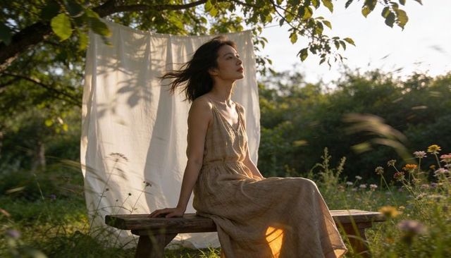Serene woman wearing linen maxi dress sitting on bench in sunlit wildflower meadow