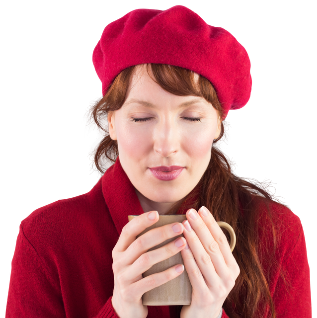 Woman in Red Hat Holding Warm Cup and Smiling with Eyes Closed - Download Free Stock Videos Pikwizard.com