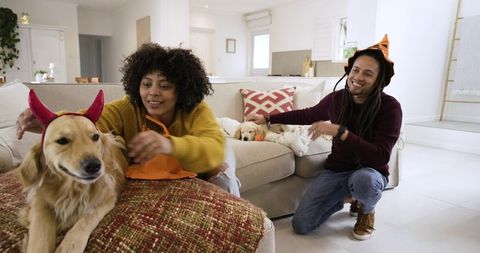 Couple dressing dog in devil horns for halloween while puppy napping on cozy sofa