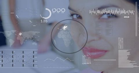 Businesswoman Presenting Augmented Reality HUD with Global Analytics Interface and Data Dashboard