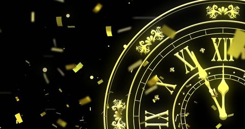 Golden Clock Striking Midnight with Sparkling Confetti in Celebration - Download Free Stock Images Pikwizard.com