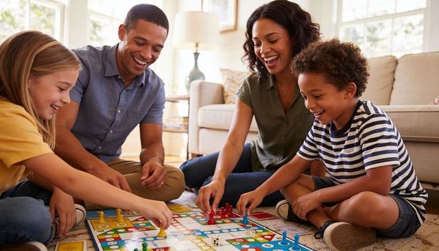 Multiracial Family Playing Board Game on Sunlit Living Room Floor, Laughing Together