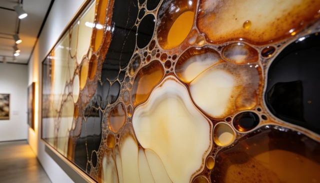 Glossy resin amber abstract panel filling modern gallery hall with organic bubbles