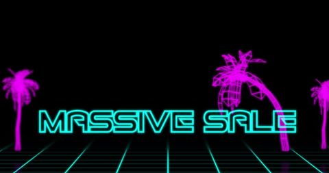 Massive Sale in Retro Eighties Neon Theme with Digital Palm Trees