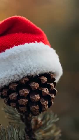 Swaying Pinecone Wearing Santa Hat Closeup for Vertical Holiday Clips with Soft Bokeh