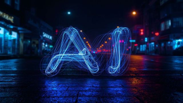 Glowing neon ai light trails hovering over wet city street night cyberpunk concept