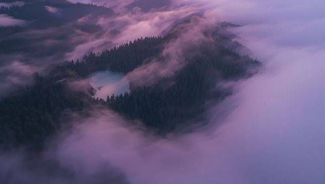 Aerial twilight mist drifting over conifer peninsula with glassy circular pond in pink haze