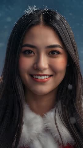 Smiling woman in red coat with white fur trim posing at dusk while snow begins and camera zooms