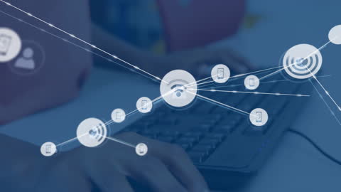Hands Typing on Keyboard with Futuristic Digital Network Overlay