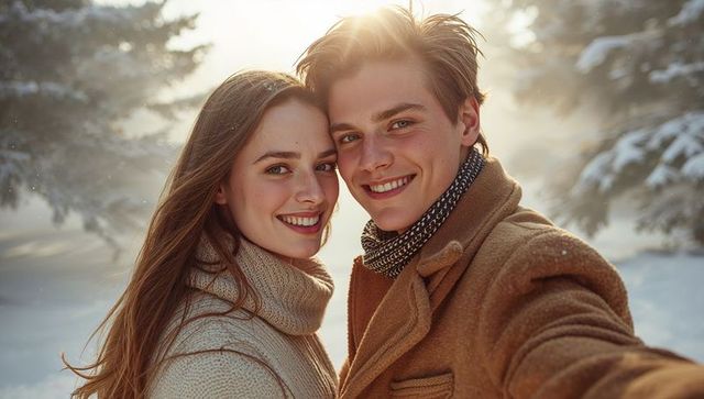 Smiling Couple Enjoying Winter Outdoors in Romantic Moment