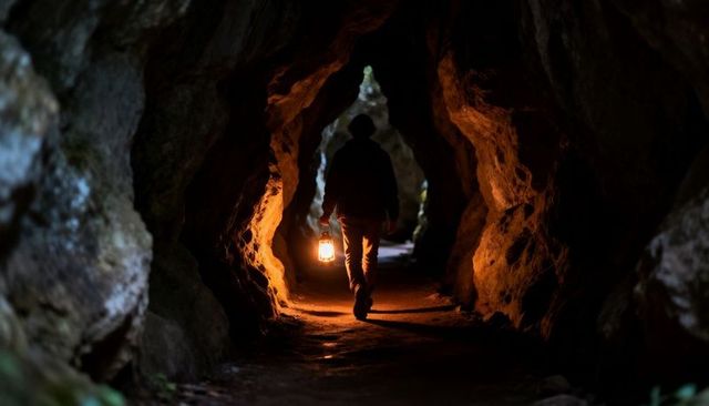 Explorer walking through narrow rock tunnel carrying lantern backlit cavern exit glow