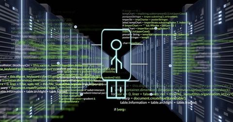 Holographic user profile floating in neon data center corridor with streaming code