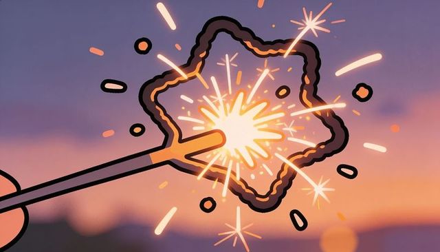 Adult hand holding star-shaped sparkler sparkling at sunset with metal wand and bokeh glow