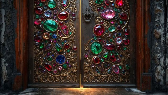 Gleaming jewel-encrusted ornate double doors with gold filigree and faceted gemstones