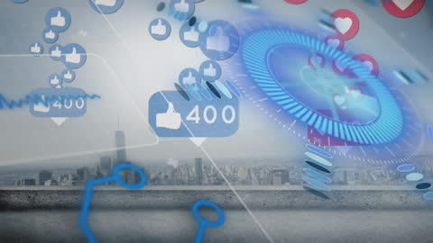 Cityscape Overlay with Increasing Likes and Hearts Representing Positive Feedback