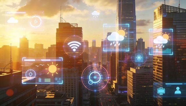 Smart city skyline displaying augmented reality weather, wi-fi and data over golden hour
