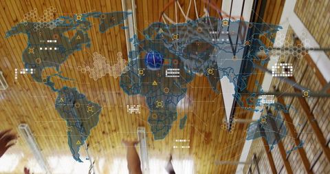 Men jumping and reaching for basketball rebound with augmented reality hud overlay