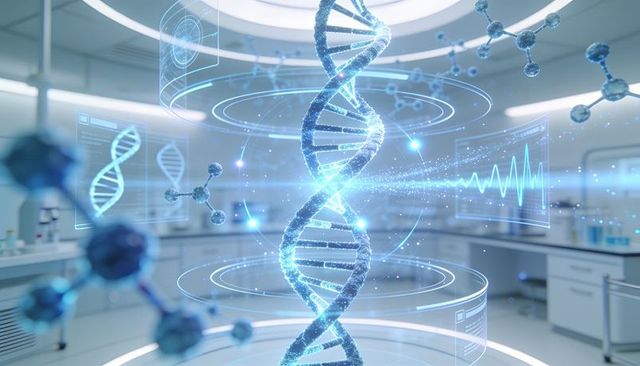 Holographic rotating dna double helix in futuristic lab hud for genomics visualization