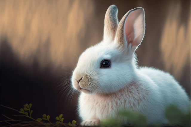 Portrait of cute rabbit and plants on black background, created using generative ai technology. Portrait and animals concept, digitally generated image.