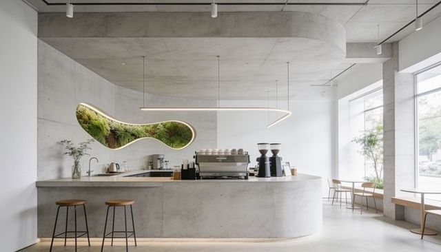 Showcasing curved concrete coffee bar featuring moss wall and espresso station