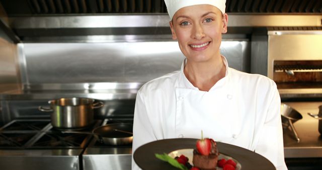 Female Chef Presenting Gourmet Chocolate Dessert in Restaurant Kitchen - Download Free Stock Images Pikwizard.com