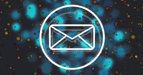 Glowing envelope icon pulsing inside double ring on charcoal canvas with teal-blue bokeh