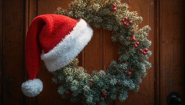 Santa Hat Hanging on Frosted Evergreen Wreath on Rustic Wooden Door Holiday Decor