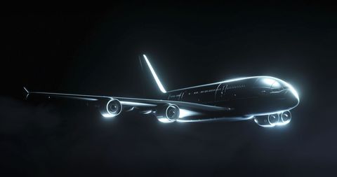 Futuristic depiction of airplane flying through dark sky with glowing digital outlines.