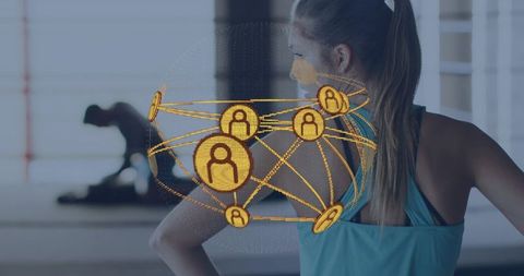 Female athlete turning in gym with golden network overlay symbolizing fitness community