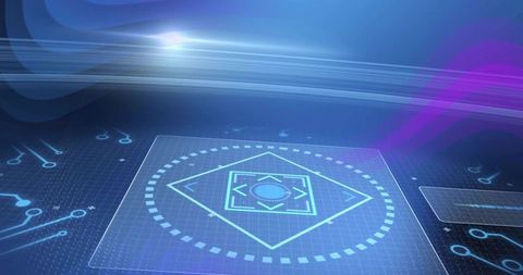 Displaying holographic ui dashboard with diamond target and circular dial on neon grid